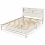 Abrihome Bed with Shelves, White Wooden Storage Bed, Underbed Drawer