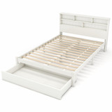 Abrihome Bed with Shelves, White Wooden Storage Bed, Underbed Drawer