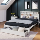 Abrihome Bed with Shelves, White Wooden Storage Bed, Underbed Drawer - 4ft6 Double (135 x 190 cm)