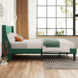 Abrihome Double Bed Velvet Dark Green 4FT6 Upholstered Bed with Winged Headboard, Wood Slat Support