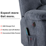 Abrihome Electric Power Lift Recliner Chair Sofa with Massage and Heat for Elderly 2 Side Pockets USB Ports Single Recliner Chairs for Living Room Overstuffed Fabric Reclining