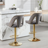 Abrihome Swivel Velvet Bar Stools Set of 2 with Comfortable M-shaped and Riveted Back for Dining Room Pub Kitchen Island, Grey