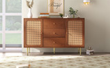 This rattan sideboard cabinet features a walnut finish, adjustable shelves, 2 doors, 3 drawers, and magnetic door switches, offering versatile and stylish storage for any room.