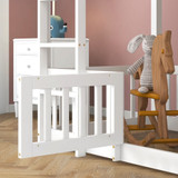 The bed is surrounded by tight railings with a small door in the center that can be opened.