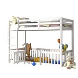This bunk bed features an upper safety railing, a fenced lower bed with a door, a three-step ladder, and an open under-bed space for storage or play.
