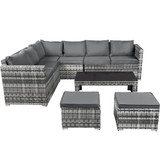 This outdoor rattan sofa set includes an 8-seat corner sofa, 2 stools, and a coffee table