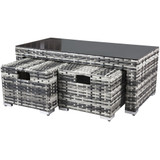 The two stools can be conveniently stored inside the coffee tables.
