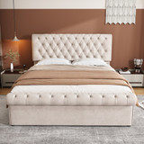 A luxurious velvet storage bed with a classic tufted sleigh design, hydraulic lift storage, an adjustable headboard, and a sturdy wood and metal frame for lasting comfort and elegance.