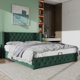 This velvet upholstered bed offers a high headboard, ample storage with hydraulic lift, and a stable, durable frame.