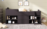 This taupe cabin bed offers storage with shelves and drawers, a safe design, and a durable wooden frame.