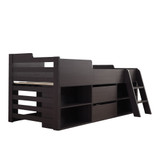 The bed features a wooden frame with built-in shelves, pull-out drawers for storage, and a sturdy ladder for easy access.