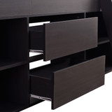 Four open shelves and two drawers provide additional storage