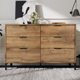 This vintage oak six-drawer cabinet blends industrial style with modern functionality, offering spacious storage, sturdy construction, and adjustable feet for stability.