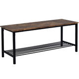 There are storage shelves under the benches