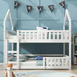 This castle-shaped bunk bed with a sturdy pine frame, ladder, and full-length guardrail offers a safe, space-saving sleep solution for kids.