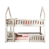 This bunk bed has a solid pine wood frame, castle design, ladder for easy access, and a full-length guardrail for added safety.