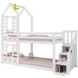 The bed features a house-shaped frame with a top bunk, staircase with built-in storage, and three drawers underneath.