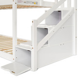 The staircase has built-in storage cabinets on each step.