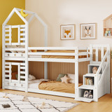 A white, space-saving bunk bed with star and moon design, built-in storage, and safety features for kids.