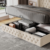 Unique hydraulically raised mattress platform for easy storage of blankets, pillows, sheets or toys.