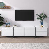 A modern black and white TV cabinet with high-gloss finish, color-blocking design, and spacious storage.