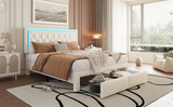 This modern double bed features an adjustable headboard, LED light strips, storage drawers, and premium PU leather, offering style, comfort, and functionality.
