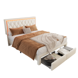 The bed features an adjustable headboard, sturdy iron frame, under-bed storage drawers, and customizable LED light strips.