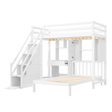 A sturdy bunk bed with a desk, storage stairs, bookshelf, and wardrobe