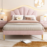 A luxurious and elegant design with velvet upholstery, golden accents, and a unique shell-shaped headboard, perfect for modern bedrooms.