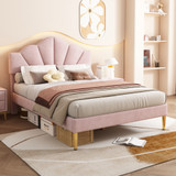 A stylish velvet double bed with a shell-shaped headboard, golden iron legs, adjustable height, and a sturdy slatted frame for comfort and durability.