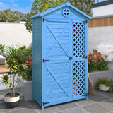 This outdoor wood storage shed offers ample storage space, made of sturdy waterproof fir wood, weather-resistant, and easy to assemble.
