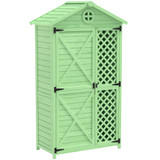 A durable fir wood tool storage shed with 3 shelves, waterproof coating, and stable construction, designed for all-weather use.