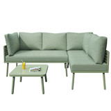 This outdoor furniture set includes a modern L-shaped sofa with plush cushions and a glass coffee table, perfect for your patio or backyard.