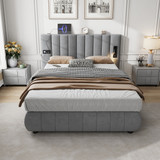 A modern upholstered bed with a soft velvet headboard, built-in stereo, charging ports, and reading light for a stylish and functional bedroom.