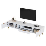 The product includes two cabinets, one open shelf, and a cable management cutout.