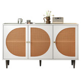 This sideboard features rattan, wood, three doors, adjustable shelves, and metal legs.