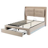 The bed features a velvet frame, hydraulic storage, adjustable LED lights, and two upholstered backrests.