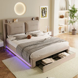 A luxurious upholstered bed with multifunctional storage, adjustable LED lights, and comfort backrests.