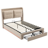The bed features a velvet frame, hydraulic storage, adjustable LED lights, and two upholstered backrests.