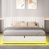 A stylish bed with RGB LED lighting, hydraulic storage, and a plush velvet headboard.