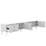This TV stand includes 2 pull-out drawers, 2 closed cabinets, and 3 open shelves.