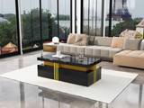 A modern white coffee table with marble pattern top, dual drawers, and compact design for stylish storage.