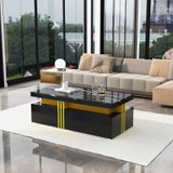A modern coffee table with marble pattern top, dual drawers, and compact design for stylish storage.