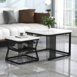 A set of 2 nesting coffee tables with marble-pattern tops and black metal frames, perfect for saving space and versatile use.