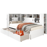 A platform bed with storage drawers, bookcase, and USB ports.