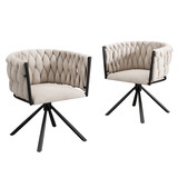 A set of 2 velvet dining chairs with 360° swivel and steel frame.