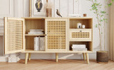 This modern sideboard features woven doors and natural wood, offering versatile storage for various home styles.