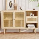 This modern sideboard features woven doors and natural wood, offering versatile storage for various home styles.