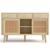 Wooden frame, rattan doors, three drawers, and stylish legs.