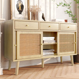 A modern retro sideboard with rattan doors, three drawers, and stylish legs for versatile storage.